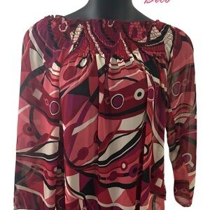 DECO Sheer Off the Shoulder Art Deco Long Sleeve blouse Cranberry Black SZ L